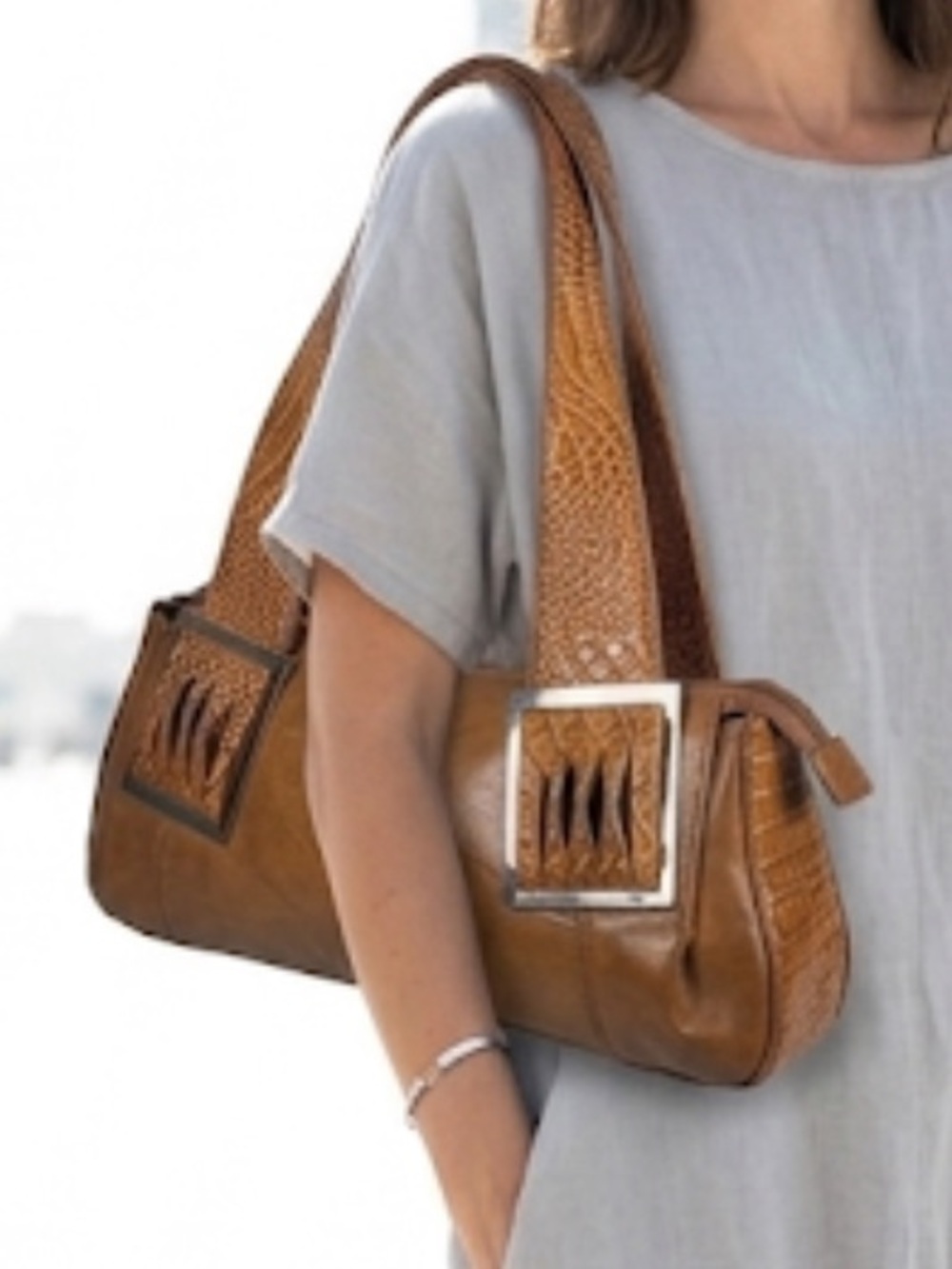 🆕M.C. Embossed NEW Genuine Leather Shoulder Bag Camel Color Silver Accents NWT - Picture 2 of 16